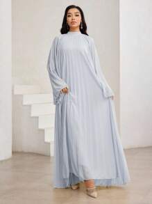 Veilorie 女式纯色立领褶皱喇叭袖宽松阿拉伯风连衣裙 - 藍色 - 查看 3