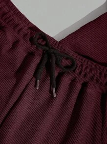 EURMUSE Men Waffle Fabric Raglan Sleeve Patched Regular T-Shirt Set - Burgundy - View 7