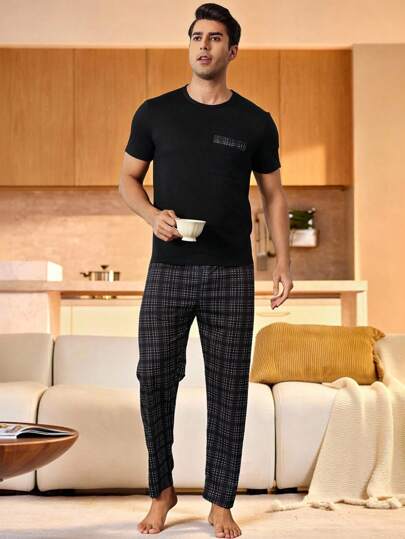Męski komplet piżamowy w kratę z kieszeniami i krótkim rękawem