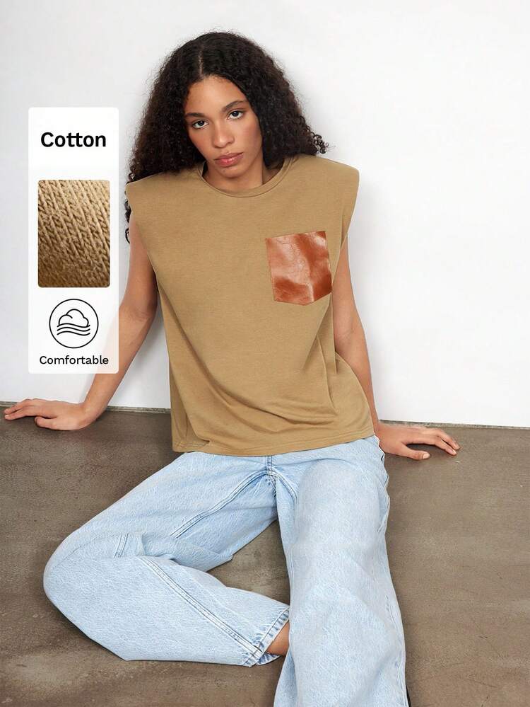 SHEIN Maija Khaki Faux Leather Splicing Padded Shoulder Bezrękawnik damski, wygodny przyjazny dla skóry, modny, uniwersalny, dopasowany krój, codzienny, codzienny krój