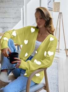 EURMUSE Knitwear Cardigan With Heart Placement - Yellow - View 3