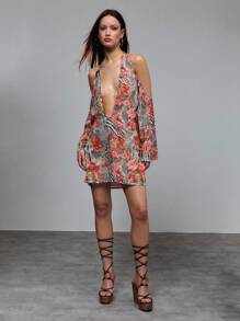 TypaGal Women's Beige Floral Animal Print Halter Mini Dress,Deep Plunge Neck Open Shoulder Boho Vacation Autumn Clothes,Summer Daring Beach Getaway Dress - Multicolor - View 1