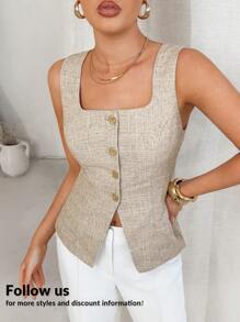 Lavishia Apricot Linen-Like Sleeveless Fitted Blouse, Suitable For Daily Commute And Work, Summer Business Women Attire Business Casual Woman Summer Outfits For Women Business Casual Woman Work Clothes Women Teacher Outfits For Women Work Outfits For Women  Teacher Outfits For Women Office Outfits For Women Work Clothes Women Business Casual Woman Classy Top Womens Sleeveless Top Button Down Vest