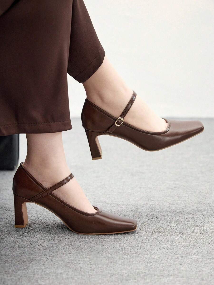 CUCCOO BIZCHIC Women's Casual Simple Solid Color Chunky Heel With Buckle Flat Shoes For Christmas Spring Shoes - Brown - View 1