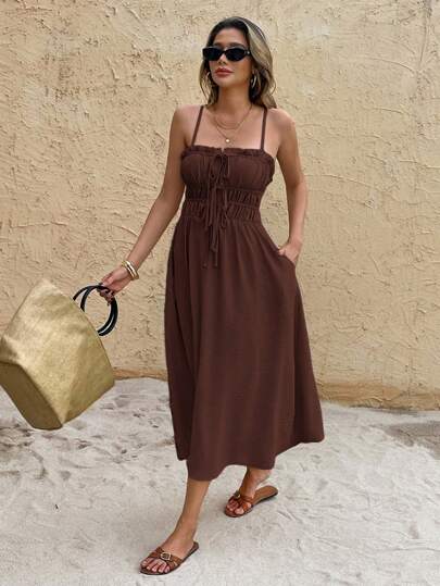 SHEIN Frenchy 女士纯色褶饰前系带口袋中长连衣裙度假风