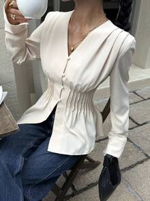 Siren Gaze Fashionable Casual Long-Sleeved Shirts For Women, Autumn Women's Clothing, Waist-Hugging V-Neck Commuter Shirts, Office Wear,Elegant Women's Blouses Winter Casual - Apricot - View 5