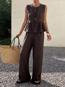 Livesso 女士夏季系带上衣和休闲长裤两件套 - 咖啡棕 - 查看 3