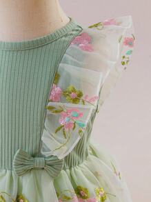 Glamorique Kids Robe de fête de demoiselle d'honneur pour filles bébé, nouvelle robe de printemps/été en tricot avec manches courtes, taille avec broderie, maille élégante et fleurs mignonnes pour mariage - Vert menthe - Voir 8