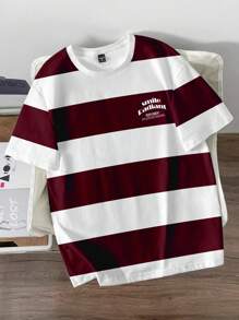 Manfinity Joysei Plus Size Men's Letter Print Round Neck Striped Loose Casual T-Shirt
