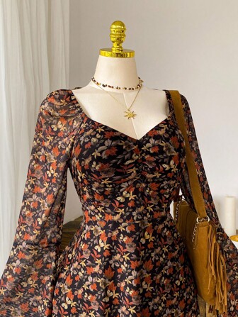 Comfortcana Plus Size Casual Brown Maple Leaf Print Long Sleeve Dress, Autumn/Winter,Fall Clothes For Women