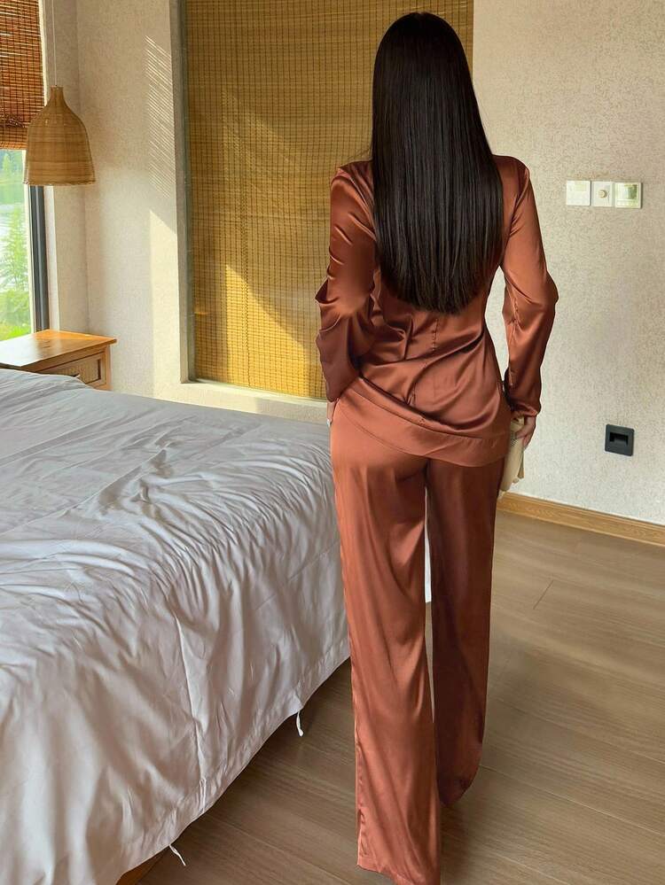 Simple Solid Color Satin Lapel Women's Loungewear Set, Fall Clothes Pajama