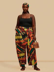 SHEIN VCAY 大码女式复古拼色印花不对称下摆阔腿裤，带口袋，休闲，秋季 - 彩色 - 查看 1