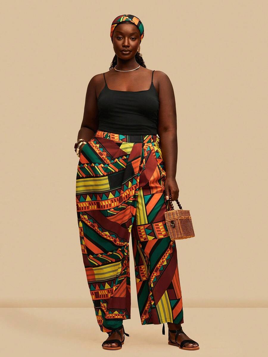 SHEIN VCAY 大码女式复古拼色印花不对称下摆阔腿裤，带口袋，休闲，秋季 - 彩色 - 查看 1