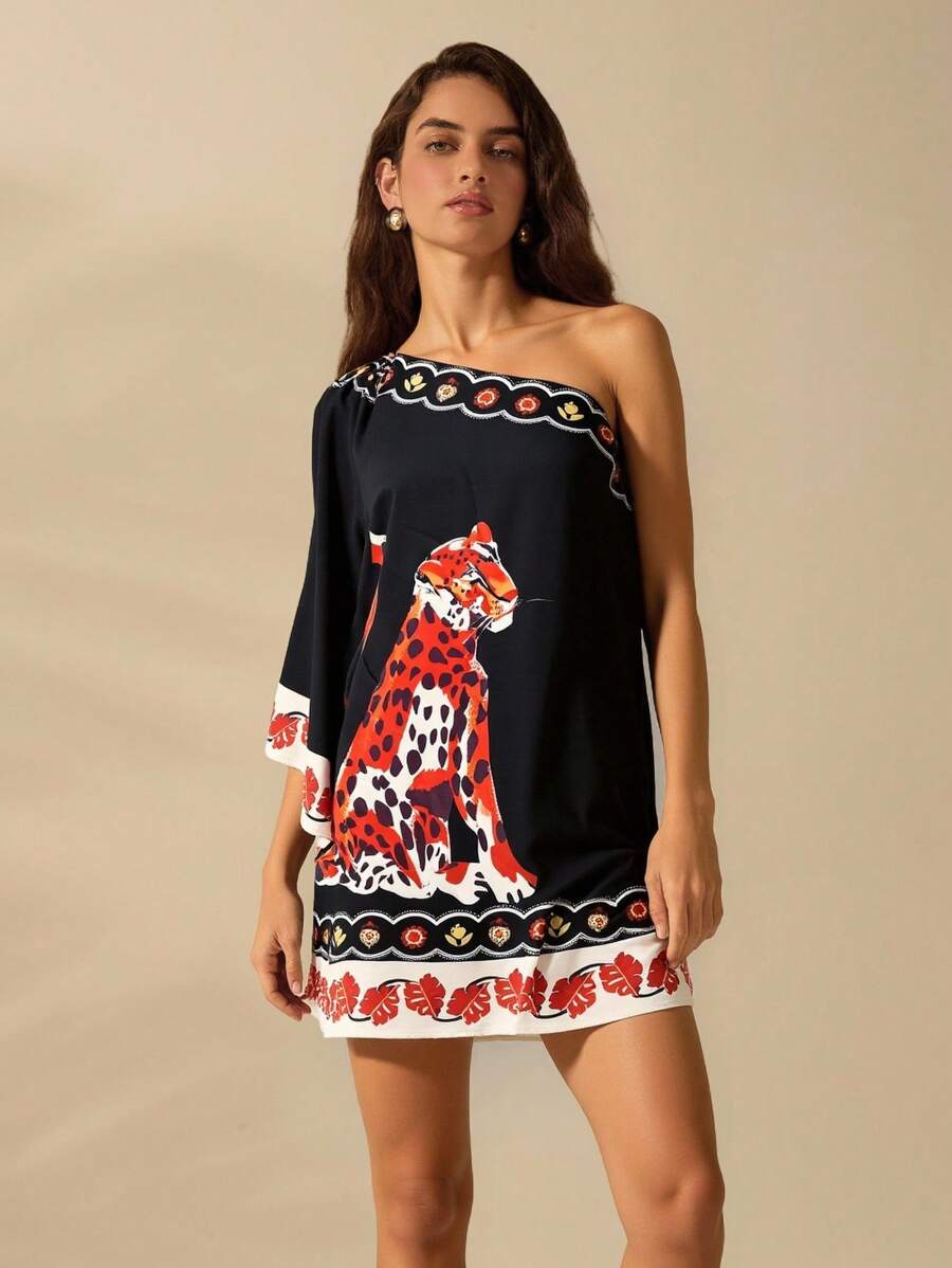 CAJUNI Women's Leopard Print Batwing Sleeve Loose Straight Mini Dress, For Holiday