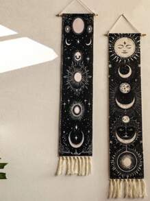 ROMWE Goth 1pc Decorative Tapestry ,Decorative Hanging Flag With Tassels,Bohemian Sun And Moon Hand-Woven Printed Pattern Fringed Tapestry, Simple Studio Living Room, Background Wall Decoration Holiday Gift Pendant,Home Decor - Black - View 8