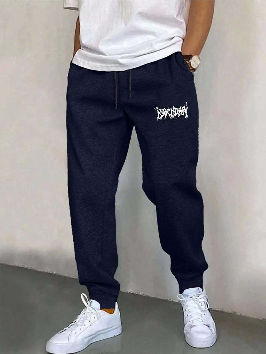 SHEIN Cottnline Cotton Men Letter Graphic Grey Drawstring Waist Sweatpants - Navy Blue - View 1
