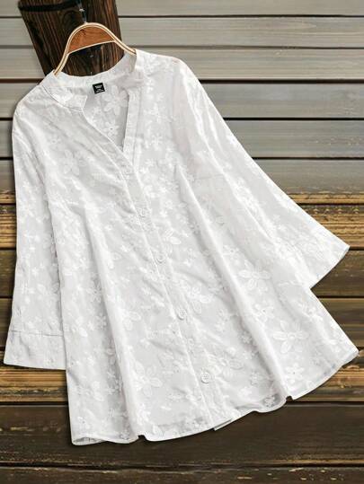 Linhara Elegant Commuting Women's Fashion Embroidered Shirt Collar 3/4 Sleeve Versatile Popular Design White Plus Size Shirt Cardigan, Suitable For Spring, Summer, Autumn