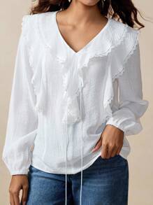 Florisole Women's Romantic Boho Vacation Wavy Collar Patchwork Lace V-Neck Solid Color Blouse, Spring/Summer All White Casual Spring Fall For Women - White - View 4