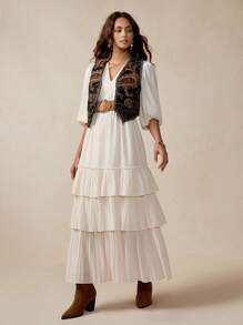 Florisole 女士优雅 V 领复古灯笼袖收腰分层 A 字长裙，白色，波西米亚风格，适合春秋派对