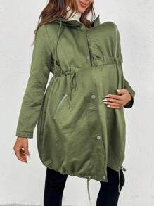 SHEIN Autumn And Winter  Pregnant Women's Solid Color Long Sleeve Zipper Design Drawstring Waist Hooded 3-In-1 Casual Jacket