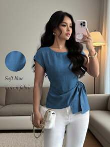 Rafferiza 休闲通勤百搭度假简约宽松圆领蝙蝠短袖不对称下摆设计柔软质感材质蓝色女衬衫夏季上衣女夏装夏季衬衫夏装女优雅上衣
