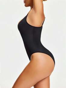 SHAPORA Women's Solid Color V-Neck Vest Body Suit - Black - View 3