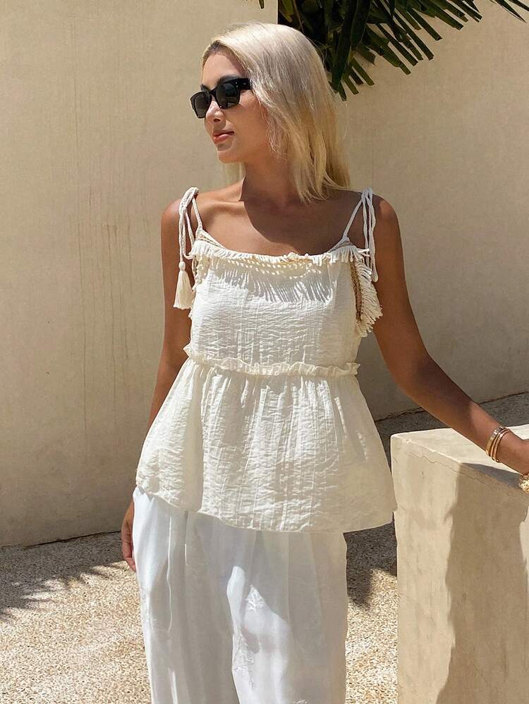 Women's Casual French Style Tassel Tie Strap Frill Edge Tank Top, Loose Fit Sleeveless Blouse For Summer Resort Wear,Babydoll Top Boho