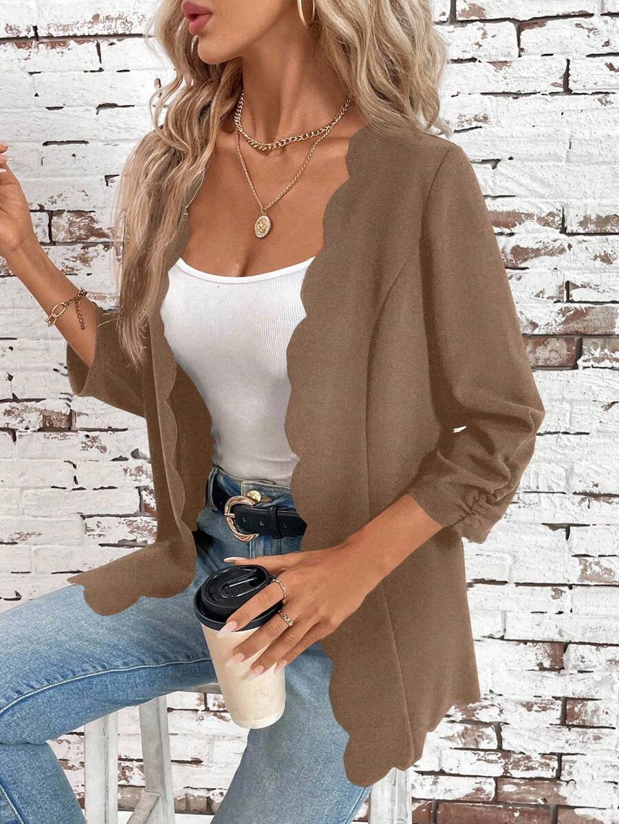 SHEIN Clasi Women's Solid Color Pleated 3/4 Sleeve Open Front Casual Jacket With Shell Trim In Fall/Winter - Camel - View 1