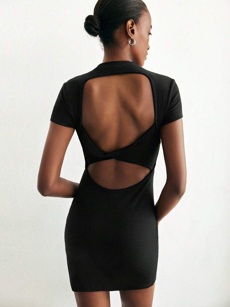 Maija Women's Black Summer Dress,Seksi Chic Club Night Backless Twist Bow  Knot Design,Short Sleeve,Fitted Elegant Casual Holiday Party Outdoor Dress  | SHEIN USA