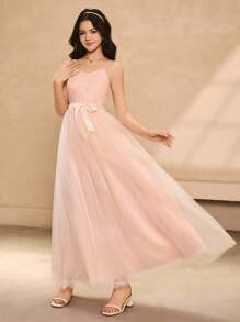 优雅的青少年花童礼服，四季婚礼派对礼服，虾粉色刺绣网眼吊带裙，适合青少年女孩，婚礼季节女孩奢华时尚薄纱蓬松公主裙 - 粉色 - 查看 7