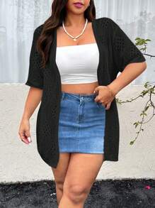 SHEIN EZwear Plus Size Casual Versatile Solid Color Hollow-Out Knitted Cardigan