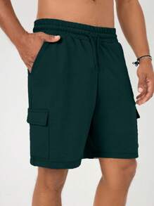 EURMUSE Men's Solid Color Drawstring Waist Cargo Pocket Loose Casual Shorts - Dark Green - View 6