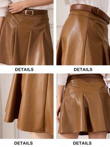 Briarwyn Falda plisada de línea A de unicolor simple de piel de PU con cinturón para mujer, estilo antiguo, para vacaciones - Marrón - Ver 9