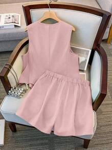 GlowEve CURVE Plus Size Summer Casual Plain Color Waistcoat & Shorts 2 Pieces Set - Pink - View 2