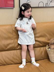 Dazy Kids 女嬰卡通刺繡圓領中長版睡衣幼兒 - 灰色 - 查看 4