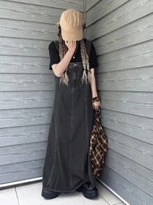 FRIFUL 女式休闲水洗加长牛仔连衣裙 - 黑色 - 查看 6