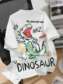 SHEIN Boy's Casual Simple Cartoon Dinosaur Print Short Sleeve Crew Neck T-Shirt, Suitable For Summer, Made Of Cotton - White - View 2