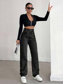 EURMUSE 100%Cotton Solid Color Straight Leg Jeans - Black - View 3