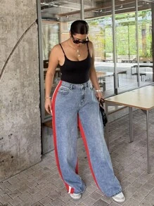 Dripcurv Plus Size Contrast Striped Print Pocket Casual Wide Leg Jeans