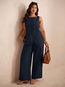 Elaquor Bộ đồ vest nữ dáng rộng màu trơn, áo sơ mi và quần ống đứng đi làm thường ngày - Màu xanh hải quân - Xem 4