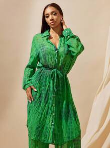 Vixey 扎染透明褶皱雪纺长款纽扣领长袖衬衫，女式，绿色度假，度假上衣 - 彩色 - 查看 2