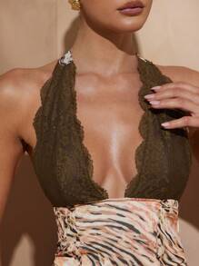 Hauture Summer Sexy Lace Patchwork Animal Print Backless Halter Top - Multicolor - View 2