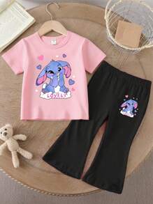 SHEIN Lovely Multicolor Round Neck T-Shirt And Pants Set For Girls In Comfortable Knit Fabric Girls Bell Bottom Outfit Girls Pant Sets Flare Pants Set Kids Kids Flare Pants Set - Multicolor - View 3