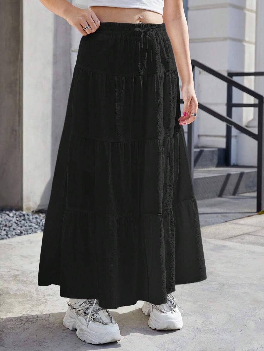 SHEIN 少女纯色泡泡纱休闲宽松长裙 - 黑色 - 查看 1