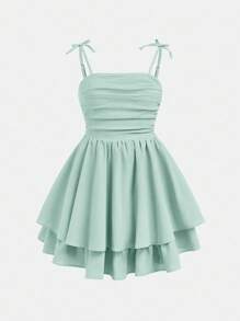 SHEIN Girlism Teen Girl Woven Solid Color Ruched Layered Hem Casual Cami Dress - Mint Green - View 5