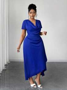 Maweii Plus-size gedrapeerde hals, korte mouwen, splitzoom, casual werkjurk