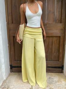 Sunnyshic 柔黄色纹理褶皱阔腿休闲裤