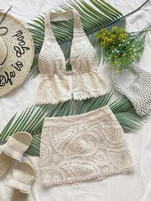 Soleia 2 件套黄色纹理面料系带露背短款上衣和裹身裙套装，性感露背系带腰部派对装，适合夏季度假、音乐节、波西米亚风 - 杏色 - 查看 3