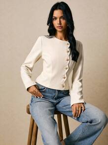 Poéselle 女士衬衫 斜纹软呢面料 不对称门襟 金属纽扣装饰 长袖衬衫 女士外套 女士西装外套 女士优雅通勤纯色海星纽扣衬衫 女士奶油色上衣 女士优雅上衣 女士奶油色外套 女士星形纽扣上衣 冬季外套 冬季夹克 秋季上衣 女士秋季装 女士冬季装 秋季外出上衣 Y2K复古风女士装 优雅女士衬衫 - 杏色 - 查看 6