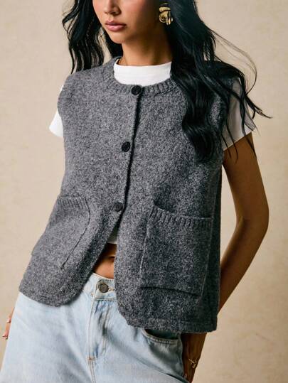 Poéselle 女士纯色圆领单排扣双口袋休闲针织背心（秋冬季款）